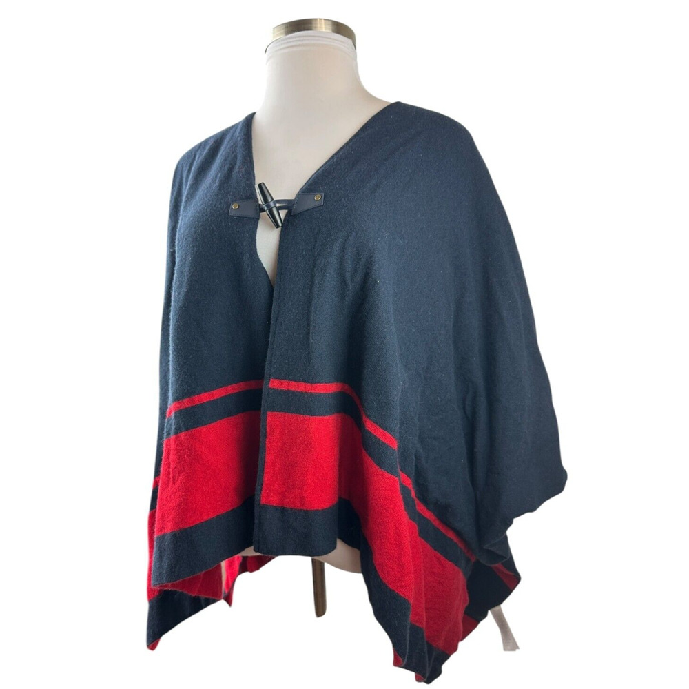 Lauren Ralph Lauren Intarsia Knit Two Tone Poncho Navy Blue Red Toggle Sz L/XL - Picture 4 of 16